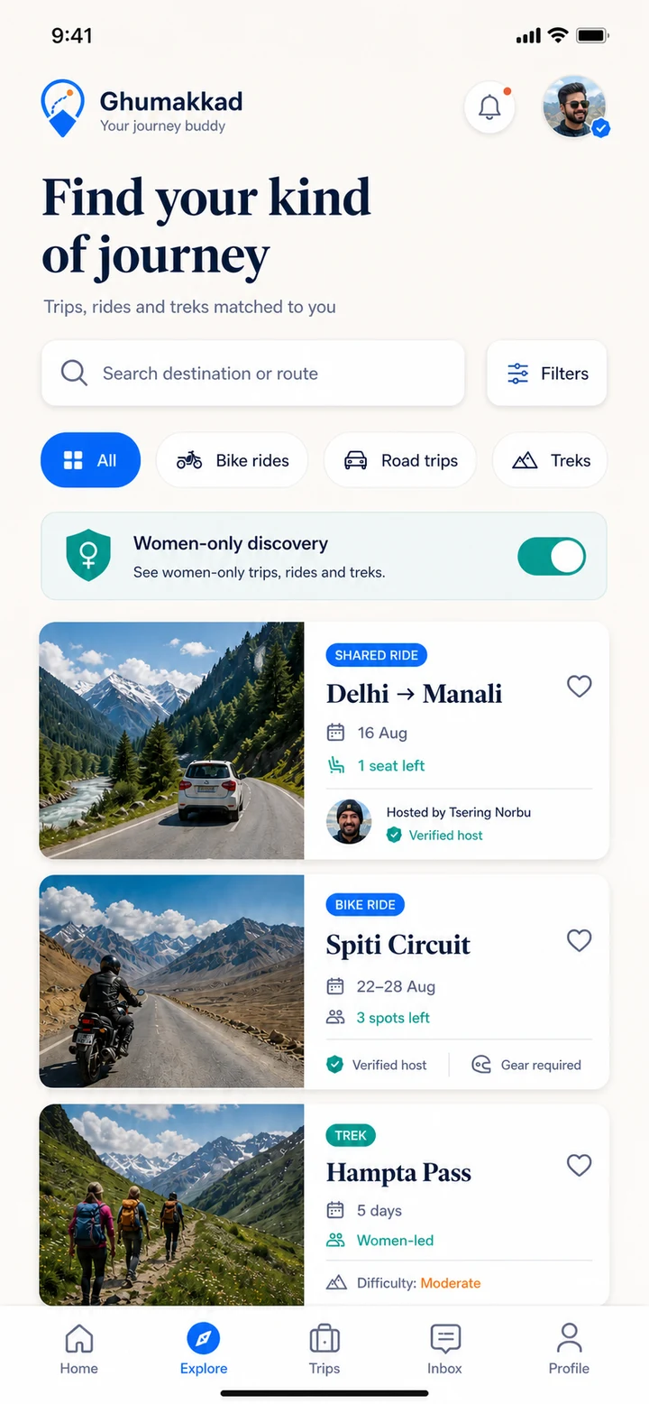 Trips built around real travellers. screen in Ghumakkad