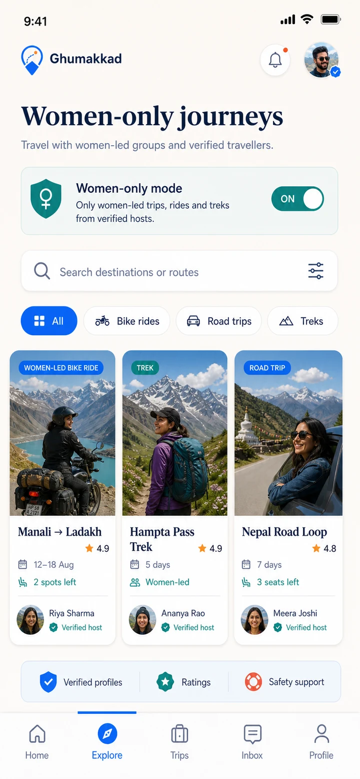 Choose a women-only travel experience. screen in Ghumakkad